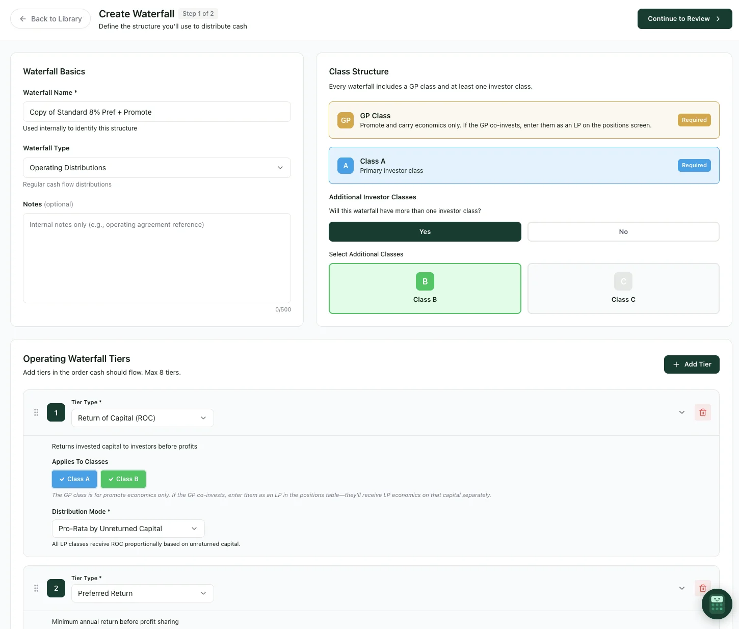 Waterfall builder showing waterfall basics, class structure with GP and investor classes, and operating waterfall tiers