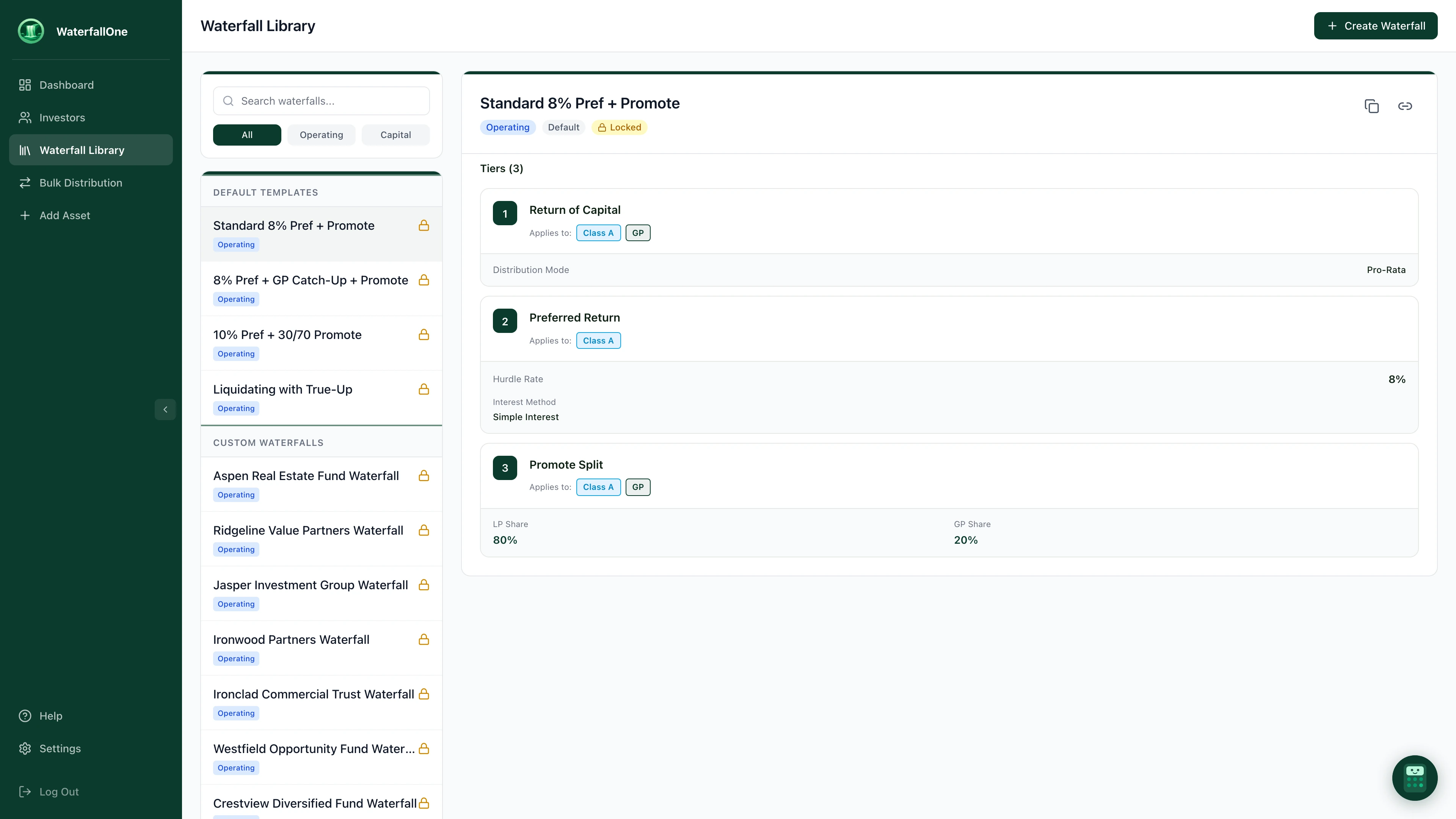 Waterfall Library with a template selected showing tier configuration preview