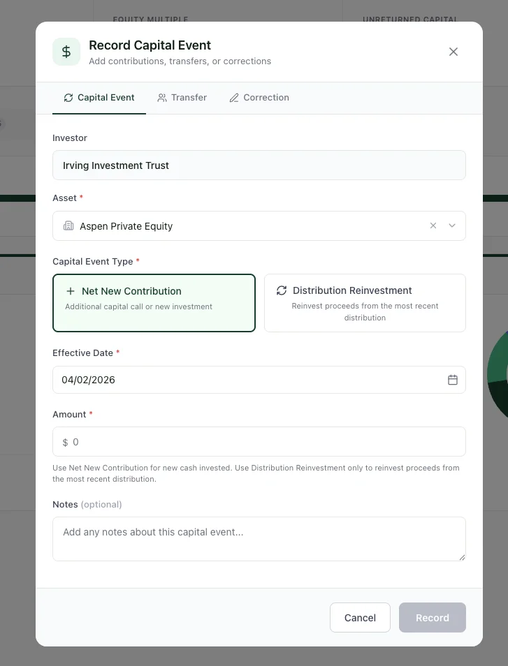 Record Capital Event modal showing Capital Event tab with Net New Contribution selected, investor, asset, date, and amount fields