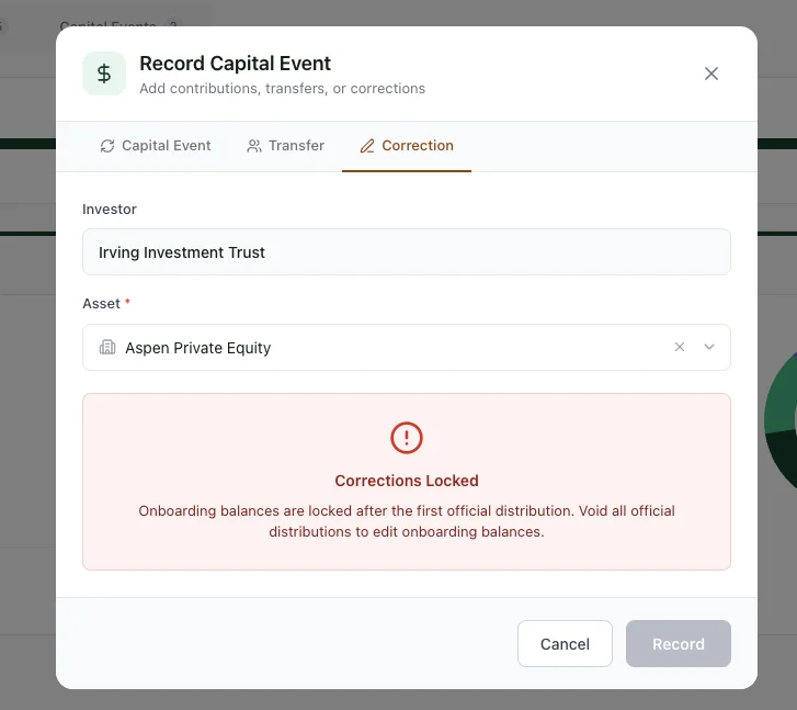 Record Capital Event modal showing Correction tab with investor, asset, and locked warning