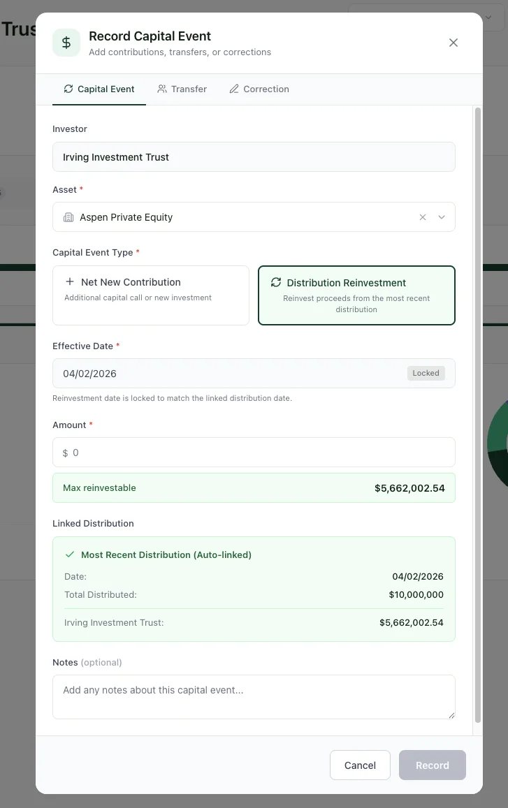 Record Capital Event modal showing Distribution Reinvestment selected with linked distribution, amount auto-populated from most recent distribution