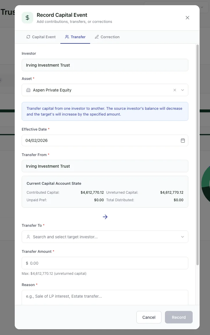 Record Capital Event modal showing Transfer tab with source investor, current capital account state, target investor field, transfer amount, and reason
