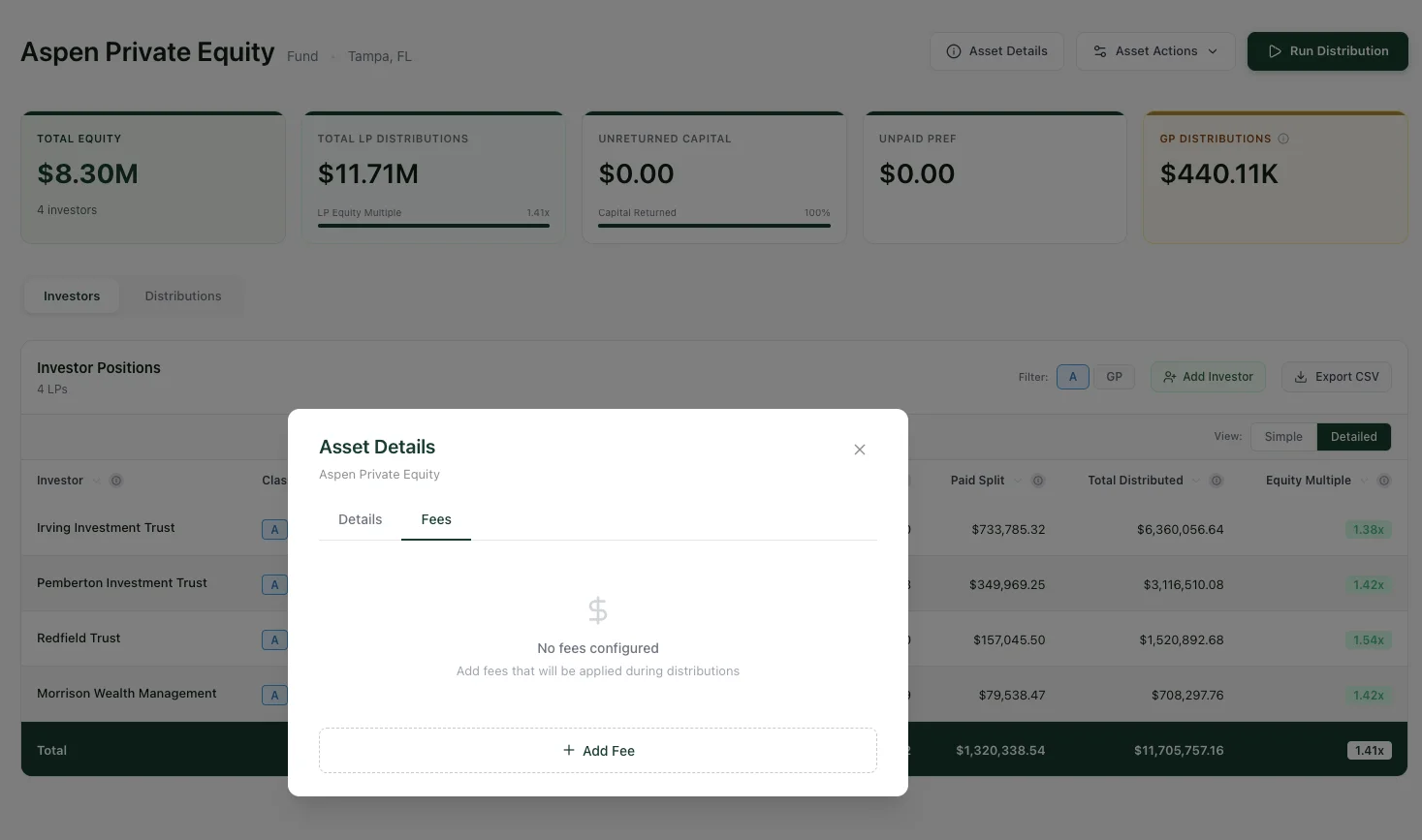 Asset Details modal open over the asset page, showing the Fees tab with no fees configured and an Add Fee button