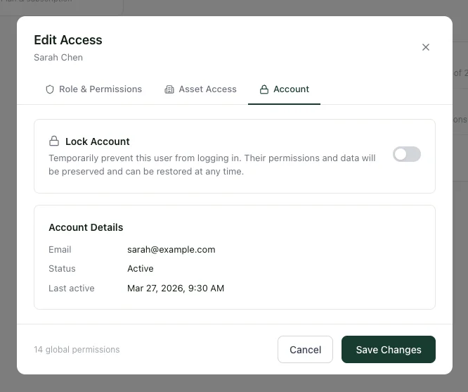 Edit Access modal showing Account tab with Lock Account toggle and account details