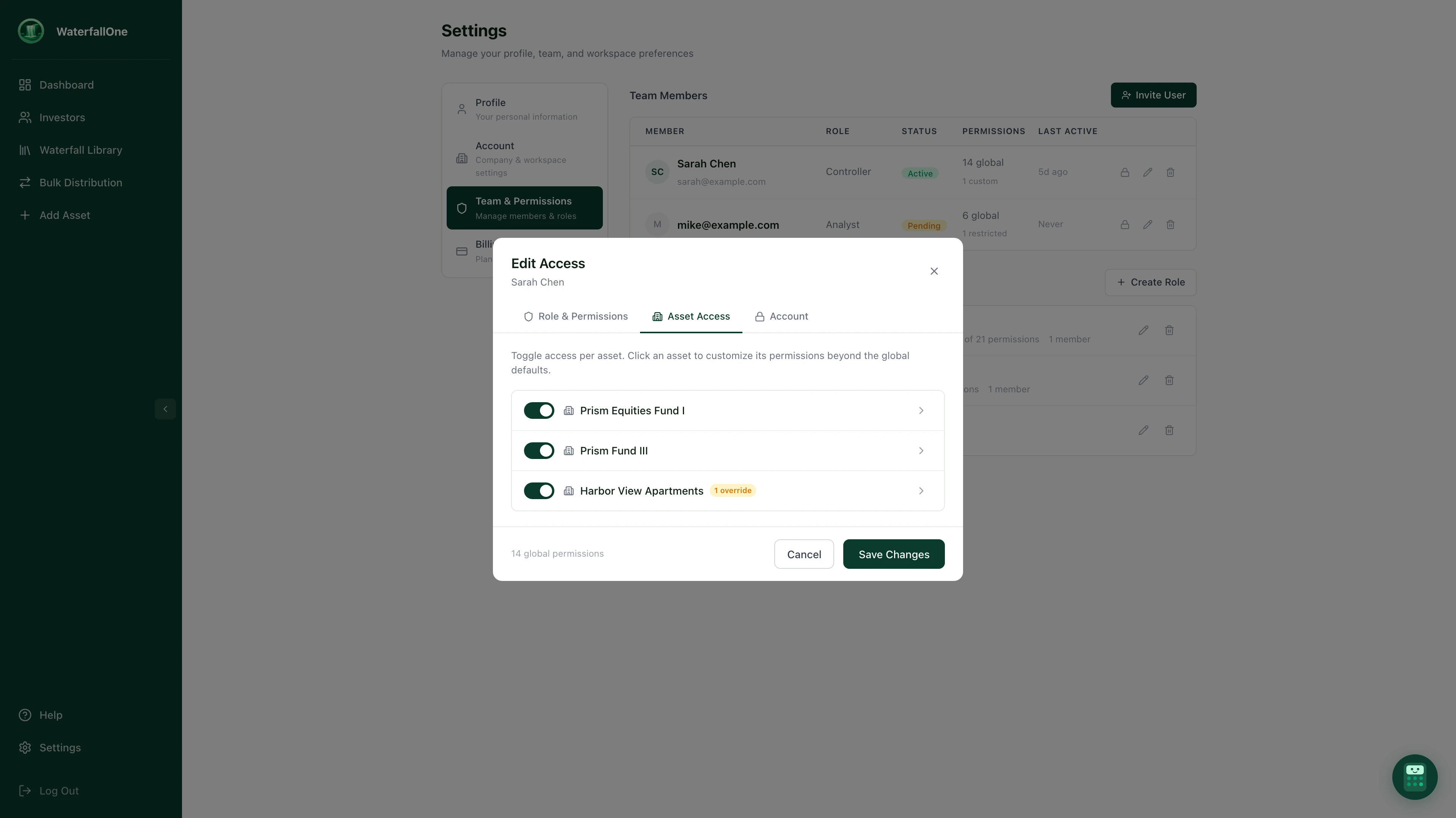 Edit Access modal showing Asset Access tab with per-asset toggle switches and override indicators
