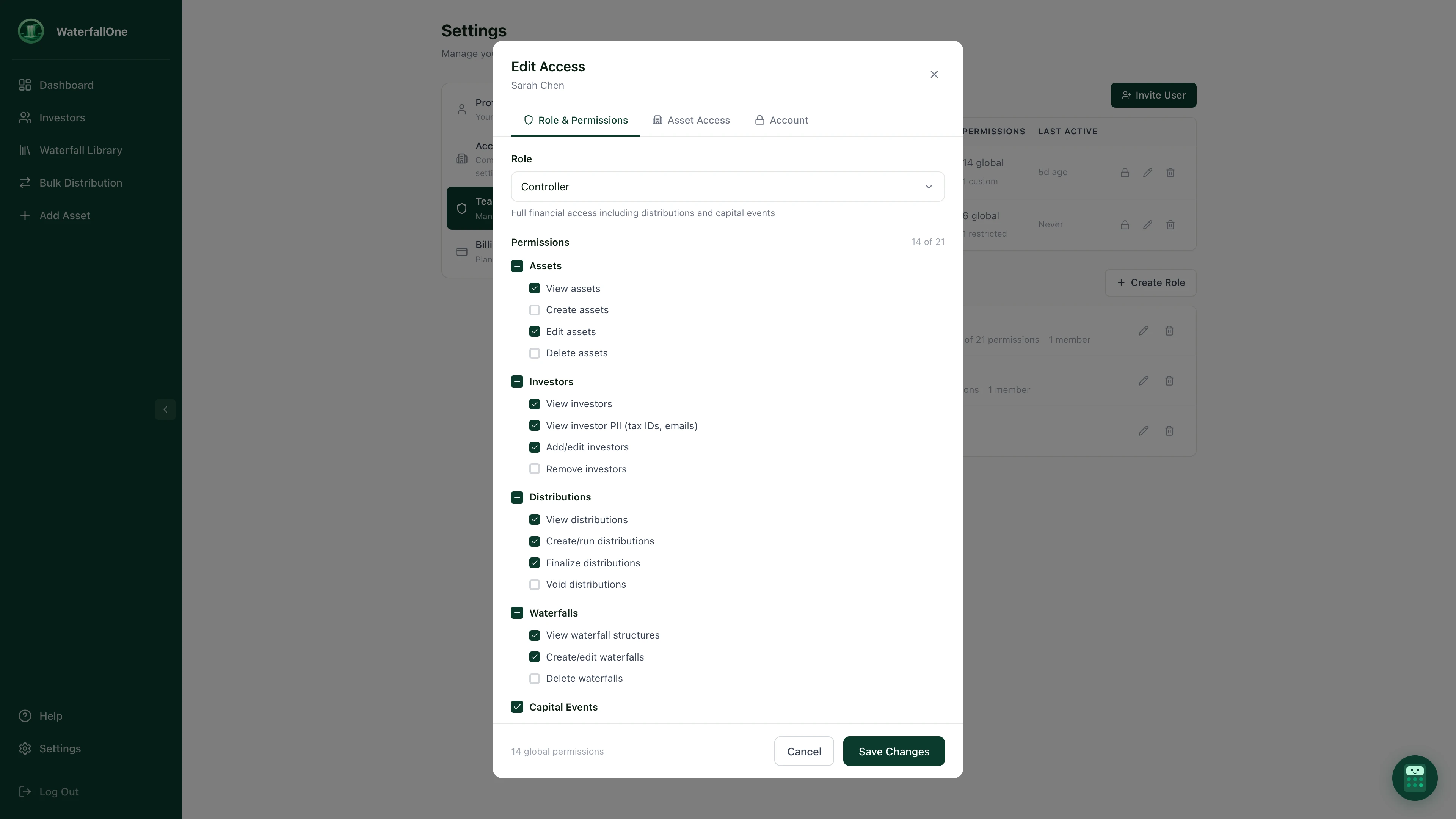 Edit Access modal showing Role & Permissions tab with role dropdown and granular permission toggles organized by category