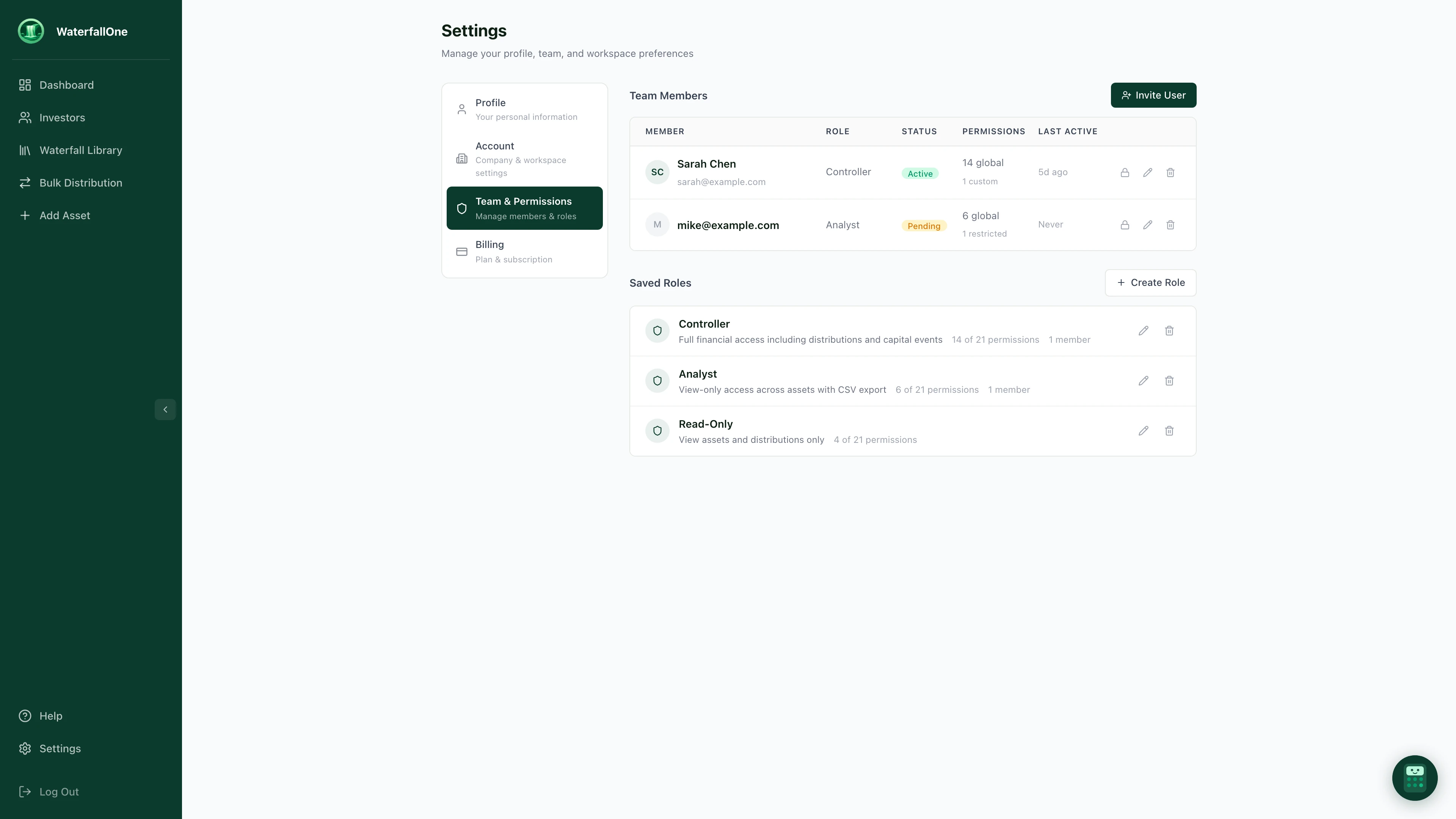 Settings page showing Team Members list with roles, status, and permissions, plus Saved Roles section